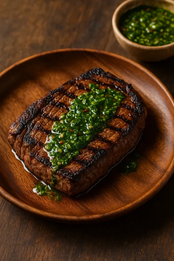 Grilled steak with bold chimichurri sauce served on a wooden plate